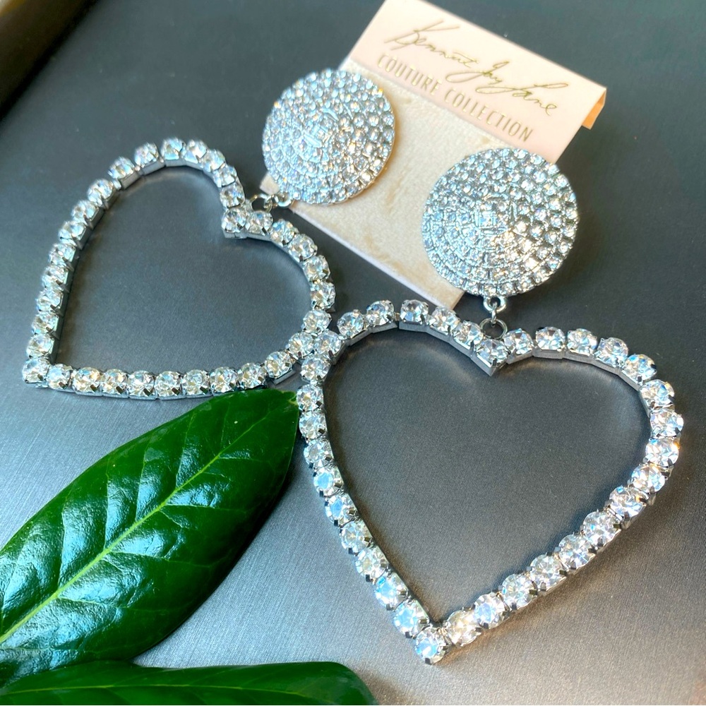 Kenneth Jay Lane KJL Heart Earrings Style Crystal Duster Designer Signed HUGE ❤️